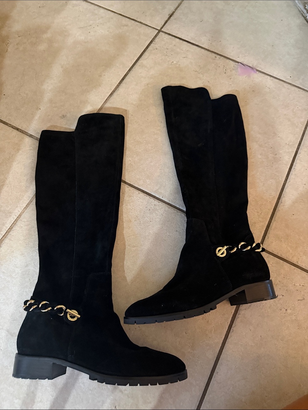 Karl Lagerfeld Black Suede Over-the-Knee Boots with Gold Chain Trim